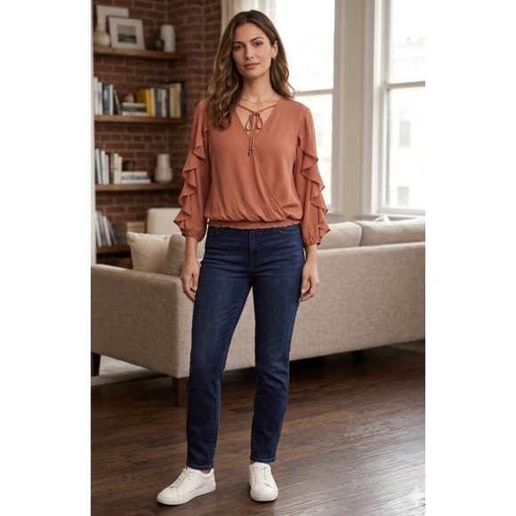 Soho New York & Company Tops - Soho NY & Co Blouse Sz L Rust Ruffle Sleeves Wrap Boho Chic Fall Business Casual